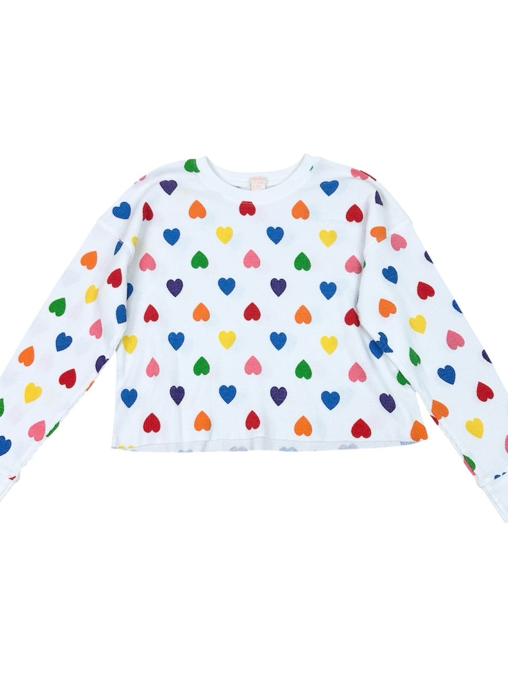 Forever 21 White Long Sleeve Waffle Knit Top Rainbow Heart Print